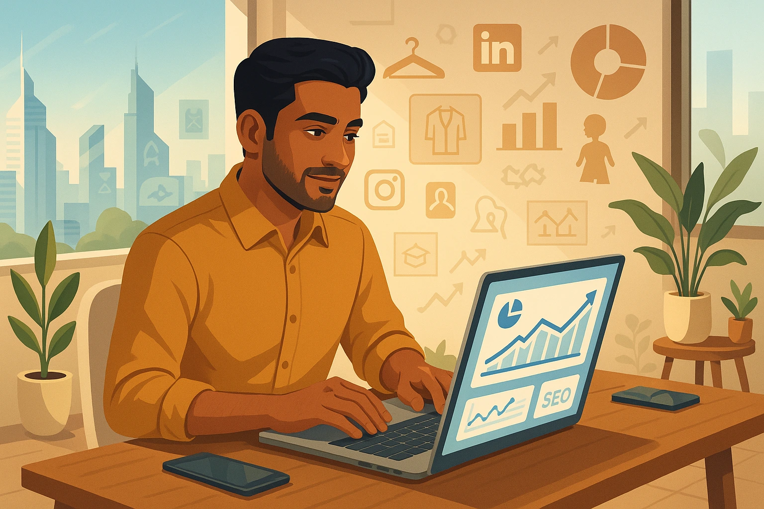 Picture depicts a person learning digital marketing stuff.